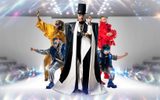 A group of four people in colorful, futuristic outfits pose energetically against a bright, sparkly background.