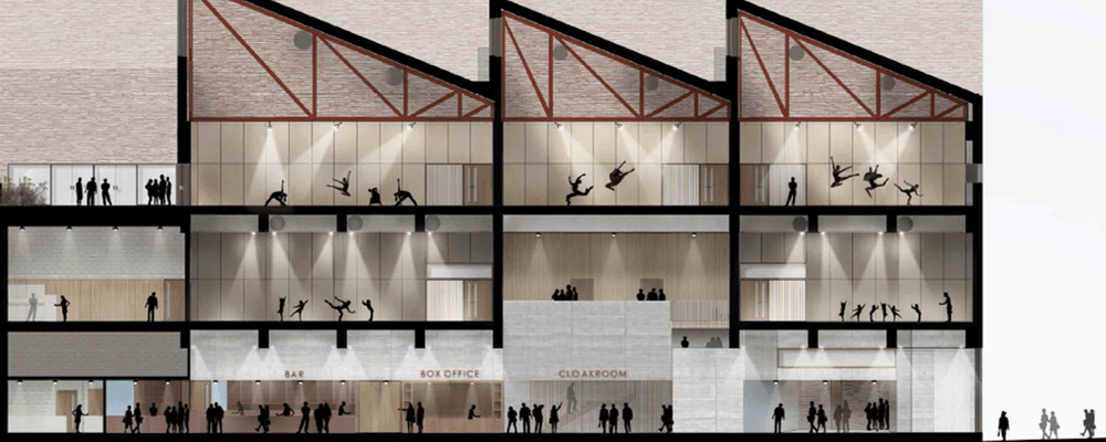 Sadler's Wells East A cross section of the Sadler's Wells East building showing people inside the rooms of the building.